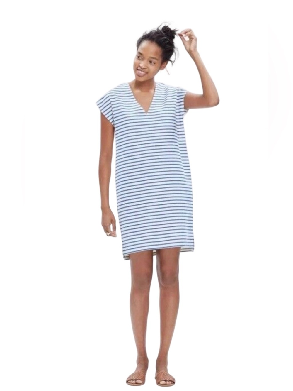 Madewell Vacances Striped V-Neck Shift Dress Cream Navy Blue Size XS EUC